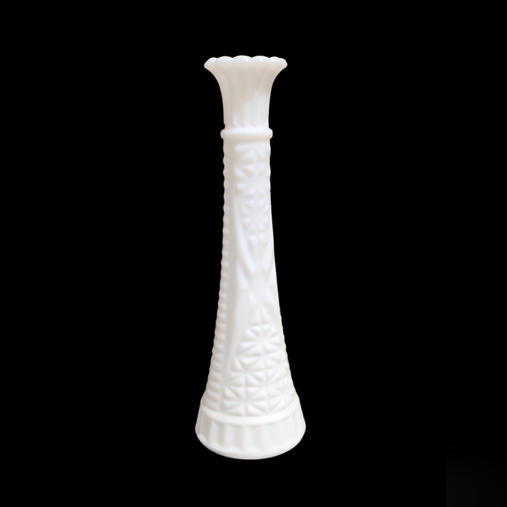 Vintage mid century 9" white milk glass bud vase, stars n bars pattern
